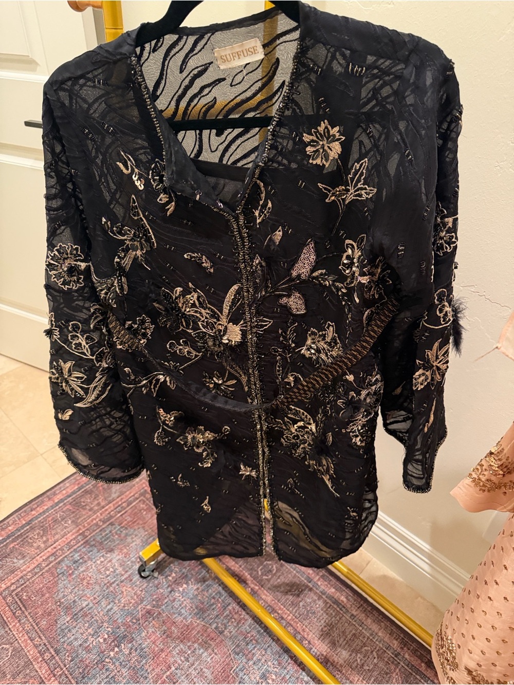 SUFFUSE Black Embroidered Beaded Jacket with slip and belt. No pants
Size: M/L